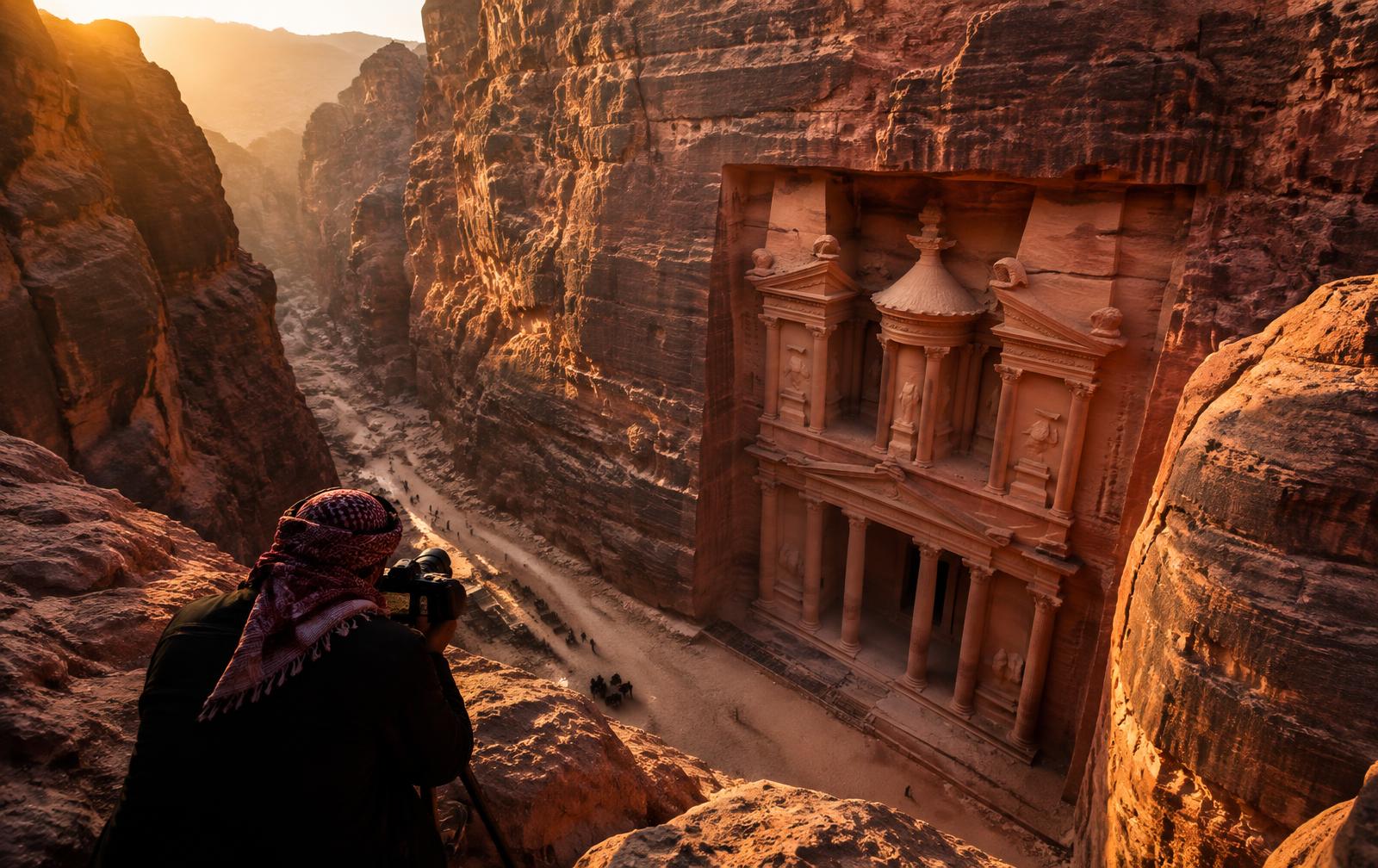 A documentary filmmaker photographing Petra at golden hour
