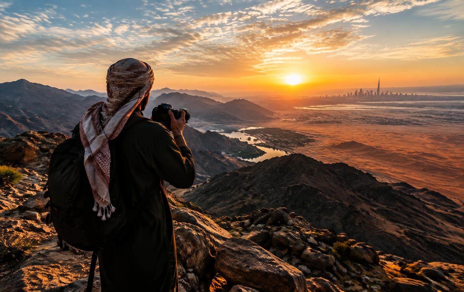 Arab documentary filmmaker overlooking a global landscape